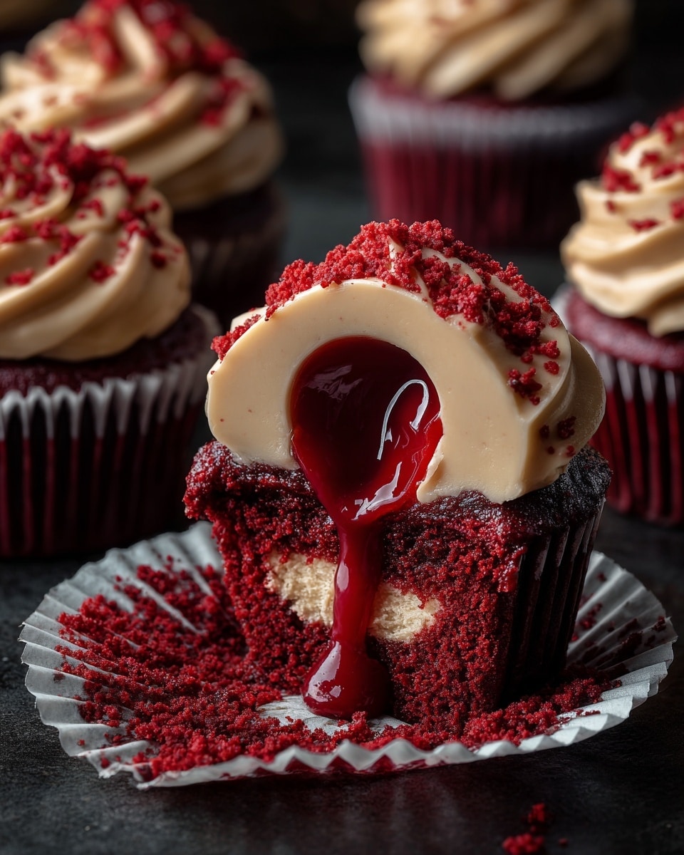 A close-up of a red velvet cupcake with four layers visible: the bottom fluffy red cake layer with a moist texture, topped with a smooth, creamy beige frosting dome forming the second layer; the frosting is sliced open to reveal a thick, glossy deep red syrup filling as the third layer inside the cupcake, dripping down the sides; the cupcake is sprinkled with crumbly red cake bits on top of the frosting and around the base, all sitting in a white cupcake liner placed on a dark wooden surface. In the background, three more whole cupcakes with the same frosting and crumb topping are slightly blurred. Photo taken with an iphone --ar 4:5 --v 7