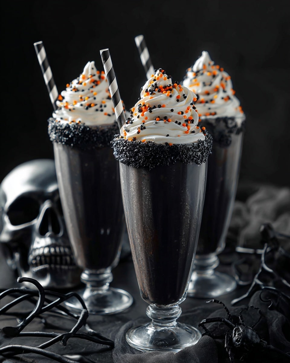 Three tall clear glasses filled with a thick black milkshake, each topped with a large swirl of white whipped cream. The whipped cream is sprinkled with small round orange and black sprinkles. The rims of the glasses are coated in black sugar crystals. Each milkshake has a black and white striped straw sticking out from the whipped cream. The background is dark with a black skull on the left and some dry black branches at the bottom right, placed on a white marbled surface. photo taken with an iphone --ar 4:5 --v 7