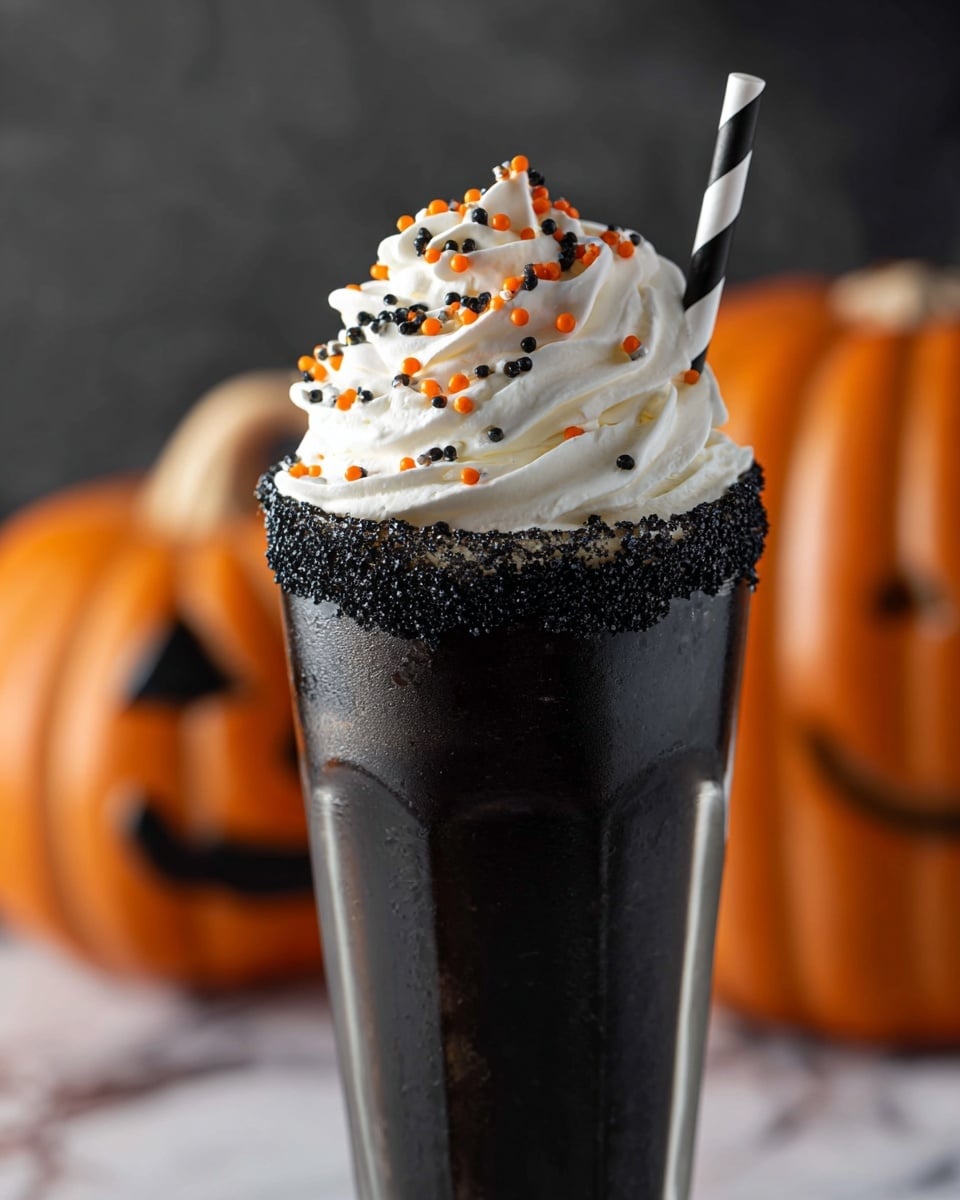 A tall black glass filled with a dark drink is topped by a large swirl of white whipped cream sprinkled with small round orange and black sprinkles. The rim of the glass is coated in a coarse black sugar-like texture, slightly dripping down the sides. A black and white striped straw is placed on the left side of the whipped cream, and a small black skull-shaped decoration sits at the peak of the whipped cream. The background shows blurred orange pumpkins, and the whole scene is set against a white marbled texture. photo taken with an iphone --ar 4:5 --v 7