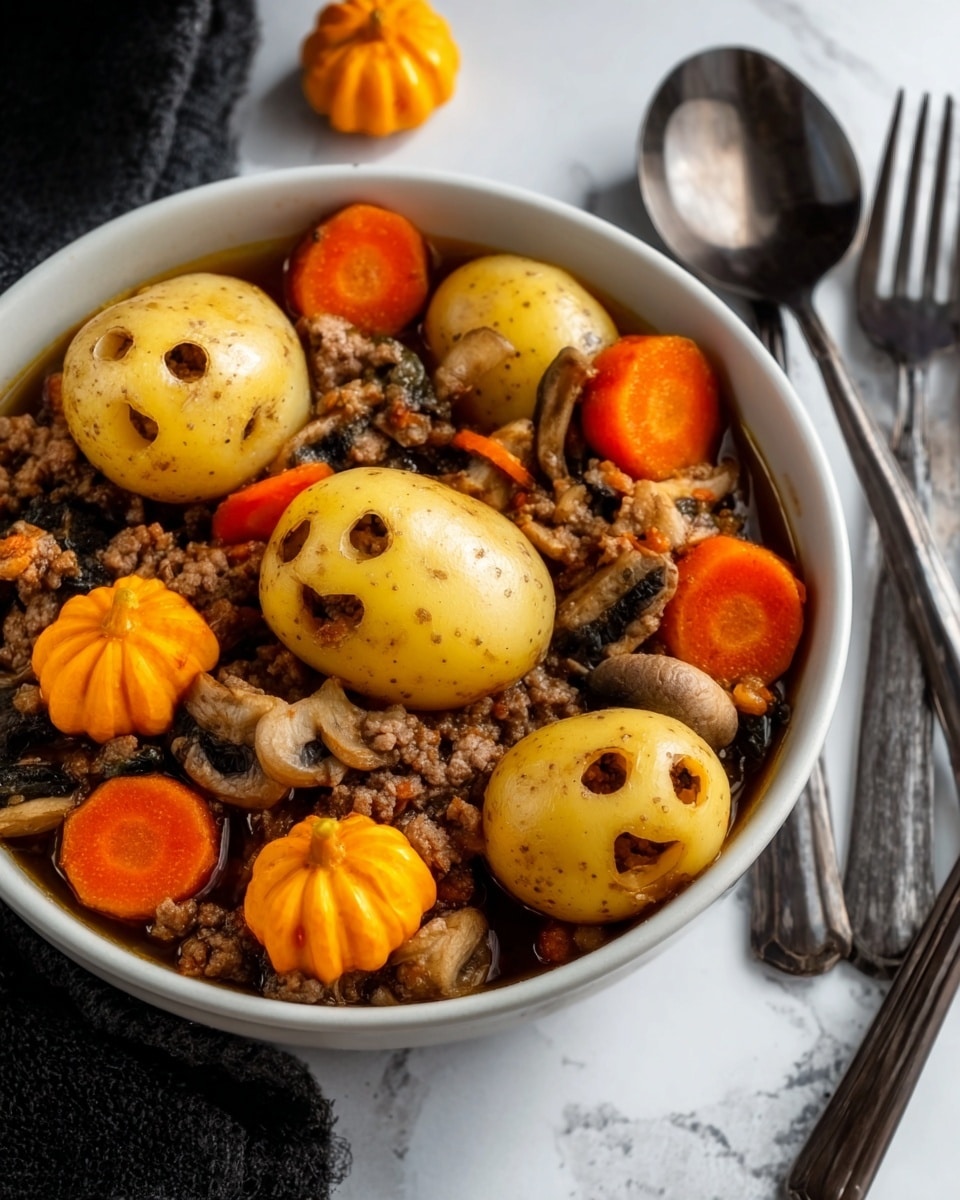A dark metal ladle holds a soup with three whole light brown potatoes, each with two or three deeper holes that give them a spooky look, and two carved orange carrot slices—one round and one shaped like a flower—floating on the surface. The soup is thick with small bits of browned meat and vegetables in a dark broth. Above, a green pot filled with more of the soup sits partially visible against a dark background with white ghost-shaped and pumpkin decorations. The overall scene has a cozy, Halloween theme. Photo taken with an iphone --ar 4:5 --v 7