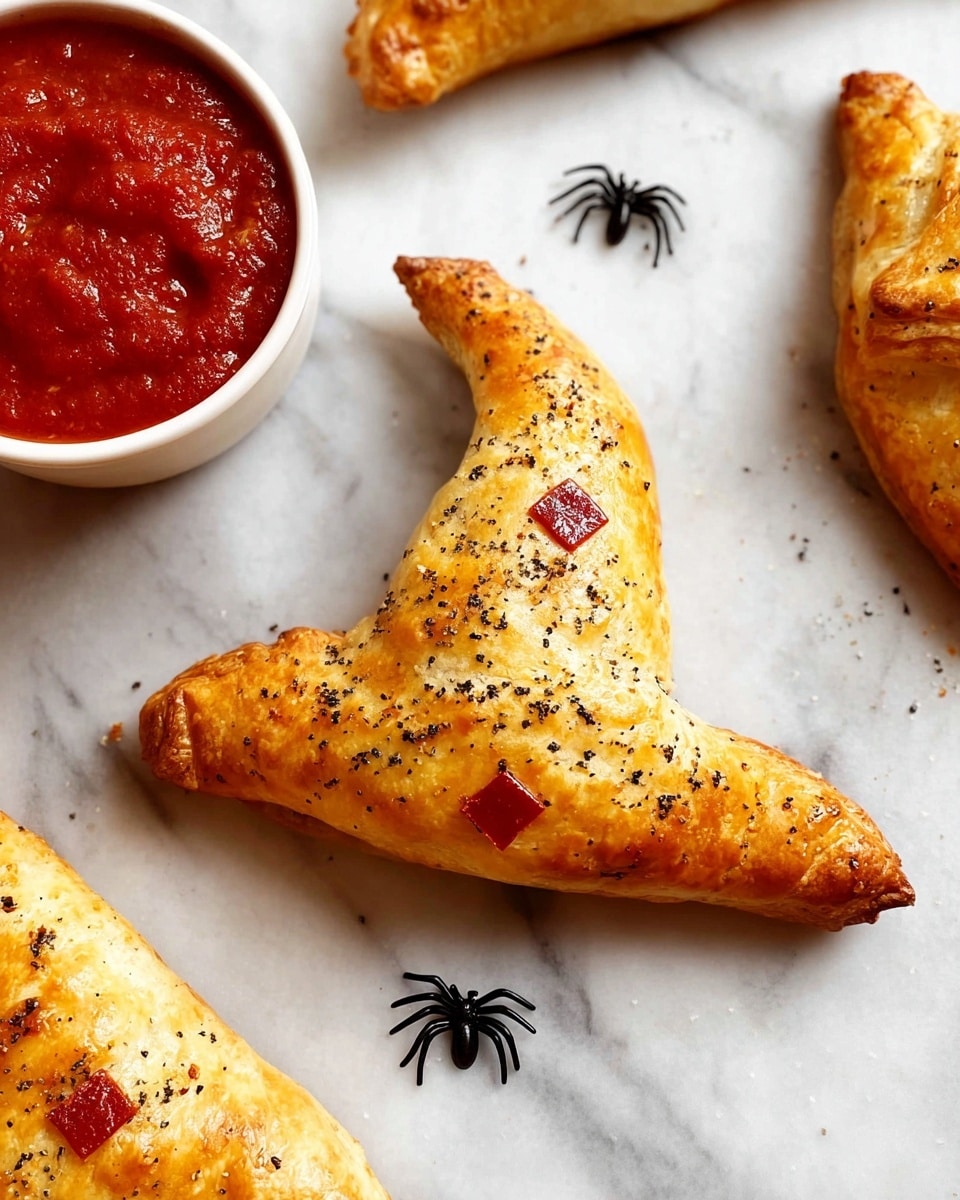 Three golden brown, triangular-shaped pastry pockets shaped like witch hats are placed on a white marbled surface. Each pastry is sprinkled with greenish herbs on top, giving a textured look. The bottom edges reveal small pieces of bright red pepper peeking out, resembling jagged teeth or decoration. Scattered around the pastries are tiny black plastic spiders for a spooky effect. A small white bowl filled with rich, smooth red sauce is placed near the top center. The lighting highlights the flaky and crisp texture of the pastries. Photo taken with an iphone --ar 4:5 --v 7