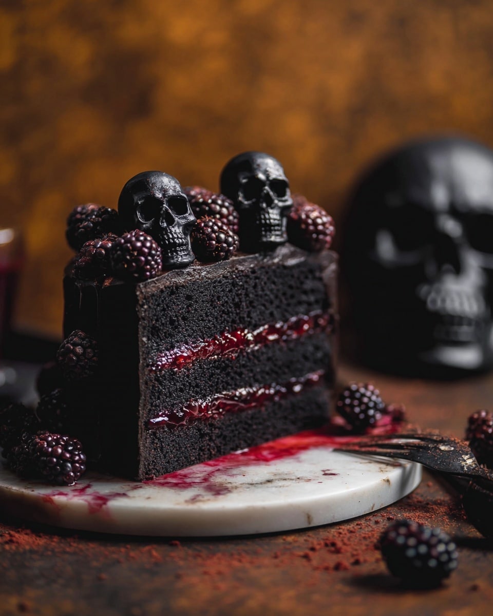 This image shows a two-layer dark chocolate cake slice being lifted. The cake has two thick, rich black layers with a bright red berry filling in the middle. The top of the cake slice has a smooth dark chocolate glaze with tiny red specks. The whole cake is decorated with shiny dark chocolate balls and fresh blackberries on top, sitting on a white plate with a ribbed edge on a white marbled texture surface. Photo taken with an iphone --ar 4:5 --v 7