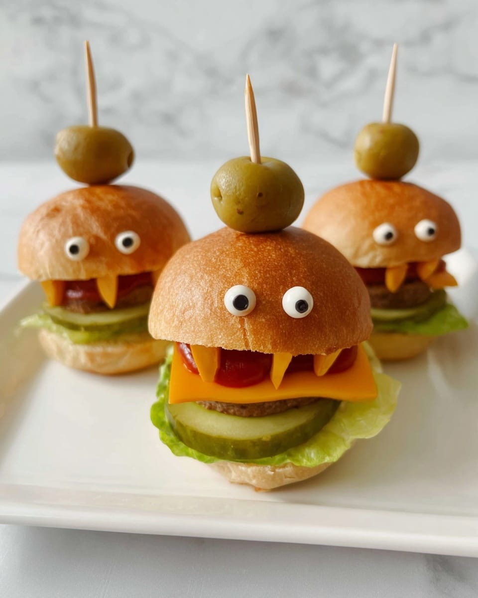 Three small burgers are placed on a long white plate on a white marbled surface. Each burger has a golden-brown bun on top with two green olives on toothpicks sticking out to look like eyes. Under the bun, there are three small slices of bright orange cheese and red ketchup. Below the cheese, there is a light green pickle slice sticking out like a tongue, sitting on fresh green leaf lettuce. The bottom bun is golden-brown and peeks out from below the lettuce. The background features white tiled walls. Photo taken with an iphone --ar 4:5 --v 7