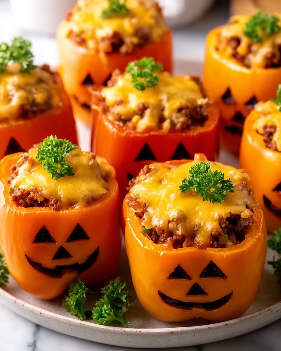 The image shows several stuffed orange bell peppers carved like jack o'lanterns, each with a detailed face featuring eyes and a mouth. The peppers are filled with a brown meat mixture topped with melted yellow cheese that has a slightly golden texture, and small green herb pieces are sprinkled on top. The peppers sit on a white plate with a bit of orange liquid around them, and some fresh green parsley is placed nearby on a white marbled surface. The lighting highlights the glossy texture of the melted cheese and the smooth skin of the peppers. photo taken with an iphone --ar 4:5 --v 7