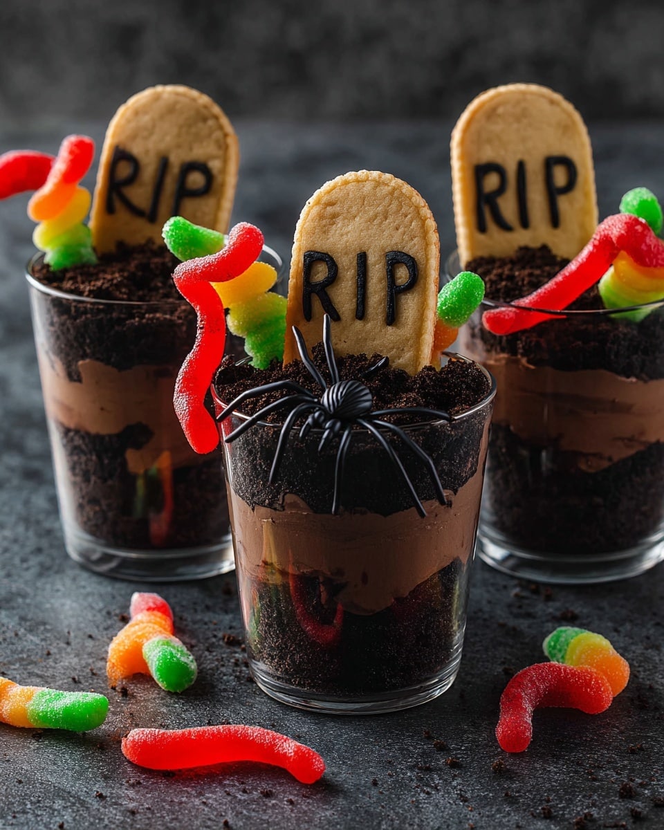 Three clear glasses sit on a white marbled surface, each filled with three layers: a dark crumbly bottom layer, a thick middle layer of smooth brown chocolate mousse, and a top layer of dark crushed cookie crumbs resembling soil. Each glass is decorated with a small light brown cookie shaped like a tombstone, marked with