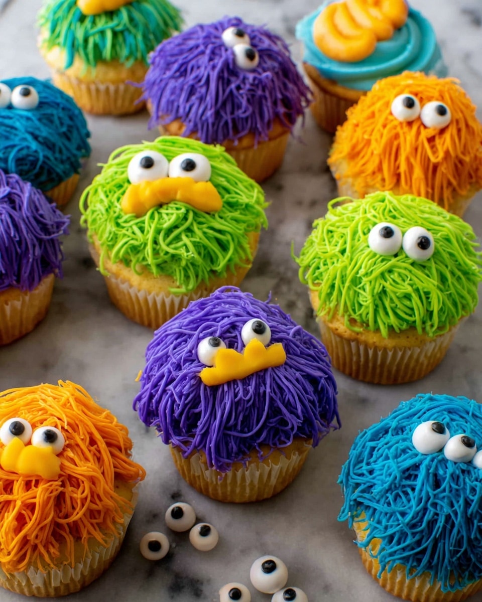 The image shows several cupcakes with colorful monster-like frosting on top. Each cupcake has one layer of yellow cake base. The frosting forms the monster head with thick, stringy piped layers in bright colors like purple, green, blue, and orange. Each cupcake has two white candy eyes with black dots, placed on top of the frosting near the front. Some monsters have extra details like a small yellow candy nose or squiggly yellow line for a mouth. The cupcakes are arranged on a white marbled surface with a few loose candy eyes scattered around. The texture of the frosting is soft and curly with a playful look photo taken with an iphone --ar 4:5 --v 7