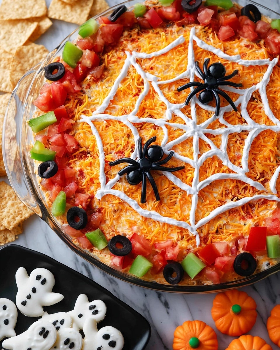 A clear round glass dish holds a layered dip with three main visible layers: a base orange shredded cheese layer covering the whole surface, topped with white sour cream piped in a spider web pattern, and garnished around the edge with a ring of bright red diced tomatoes, dark sliced black olives, and green diced bell peppers. Two black plastic spider decorations sit on top of the web. The dish sits on a white marbled surface next to two piles of shaped chips, one white and one orange. Photo taken with an iphone --ar 4:5 --v 7