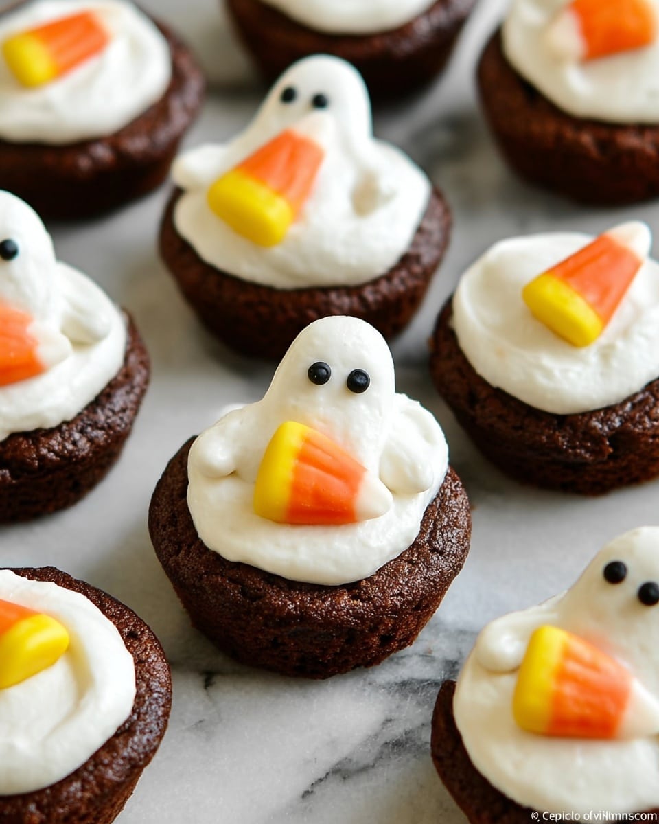 The image shows a group of small chocolate cupcakes arranged on a white marbled surface. Each cupcake has one layer of dark brown chocolate cake topped with a thick swirl of smooth white frosting. On top of the frosting, there is a small candy shaped like a white ghost holding a bright orange, yellow, and white candy corn. The ghost candies have two small black eyes and a mouth. The overall look is festive and cute, fitting a Halloween theme. photo taken with an iphone --ar 4:5 --v 7