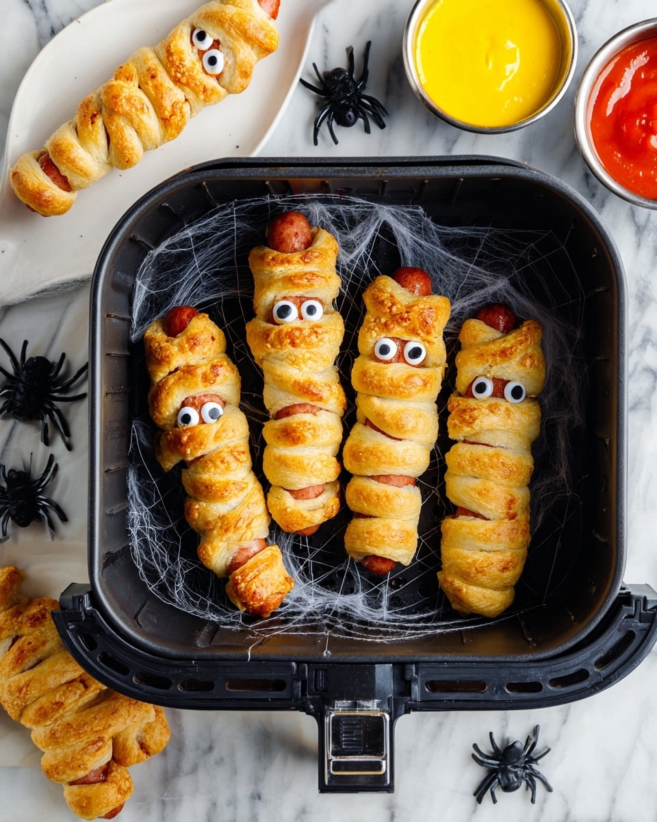 Three tall snacks wrapped in light brown baked dough strips stand close together on a white marbled surface. Each snack has a smooth, round sausage inside, mostly hidden by overlapping dough layers that spiral from bottom to top. Two large white candy eyes with black dots look outward from the dough wrapping near the top of each snack, giving them a playful, mummy-like look. The dough is evenly browned, showing slight texture and crisp edges. The background is dark and blurred, making the snacks stand out clearly. photo taken with an iphone --ar 4:5 --v 7