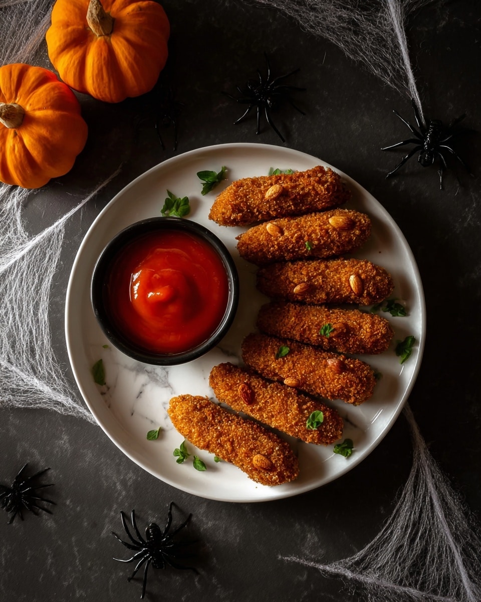 Five golden brown, crunchy sticks are placed in a row on a round white plate, each topped with a single brown almond near the pointed end. Small green herb leaves are scattered around them. At the top left of the plate, there is a small round bowl filled with smooth red sauce. The plate sits on a white marbled surface, surrounded by small orange pumpkins and black plastic spiders with white spider web strings for decoration. Photo taken with an iphone --ar 4:5 --v 7