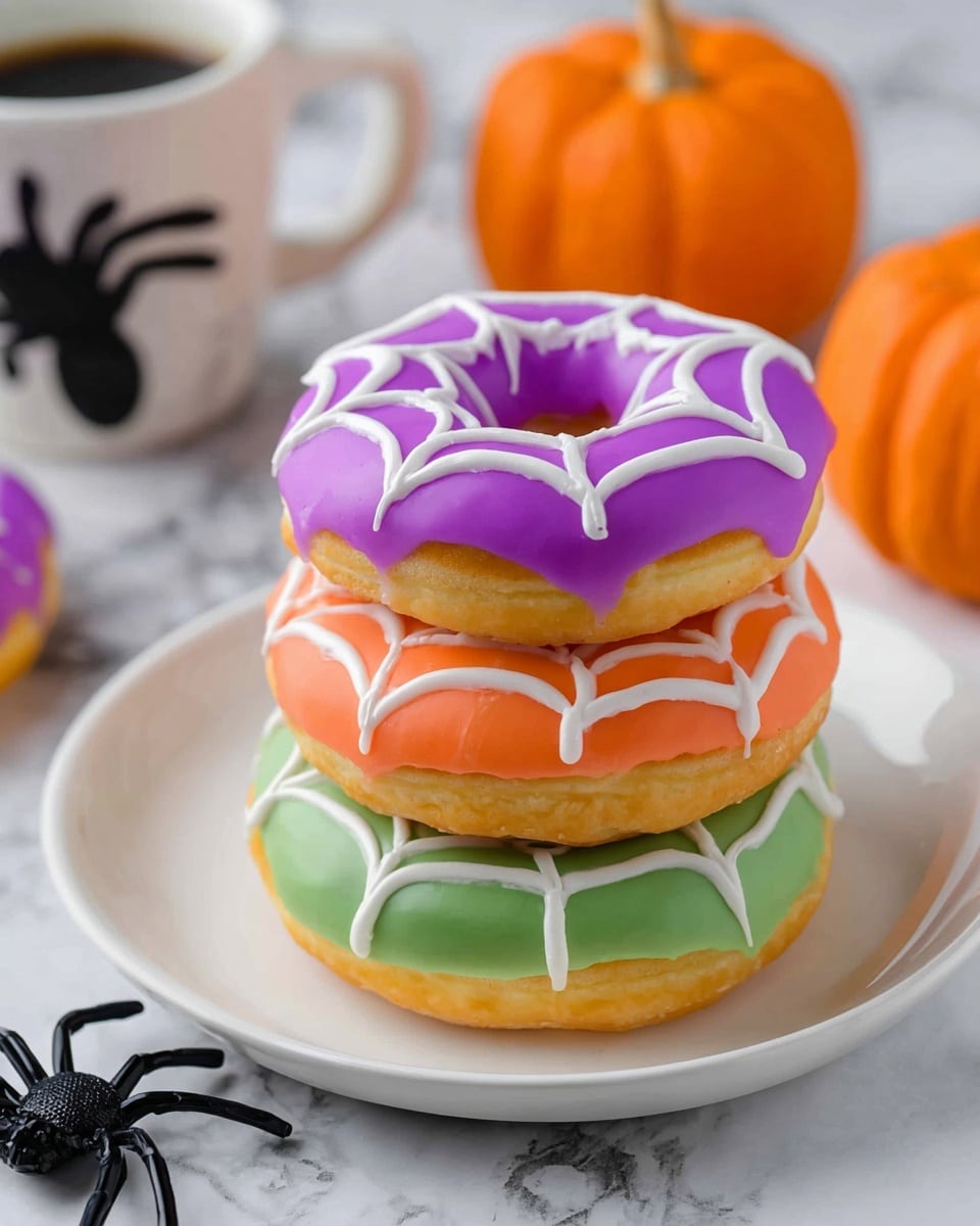 Six donuts sit on a gold cooling rack over a white marbled surface. The donuts are in three rows of two. The top row has a green donut with white spider web icing and a pink donut with white spider web icing. The middle row has a purple donut with white spider web icing and an orange donut with white spider web icing. The bottom row has an orange donut with white spider web icing and a green donut with white spider web icing. Around the rack are small white bowls filled with black, white, and orange sprinkles, and orange sugar. There is a glass of milk on the left and another glass of milk on the right edge of the image. There are small black fake spiders and bats scattered around the surface. A black plastic snake is on the rack near the left green donut. Photo taken with an iphone --ar 4:5 --v 7