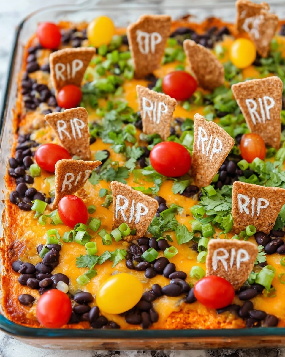 A close-up view of a layered dip in a clear dish shaped like a graveyard, featuring a visible first thick orange layer, topped with chopped green onions and black beans scattered on top. There are small orange and red cherry tomatoes resting around the dip. Three tortilla chips stand vertically in the dip as tombstones, each decorated with white writing icing spelling