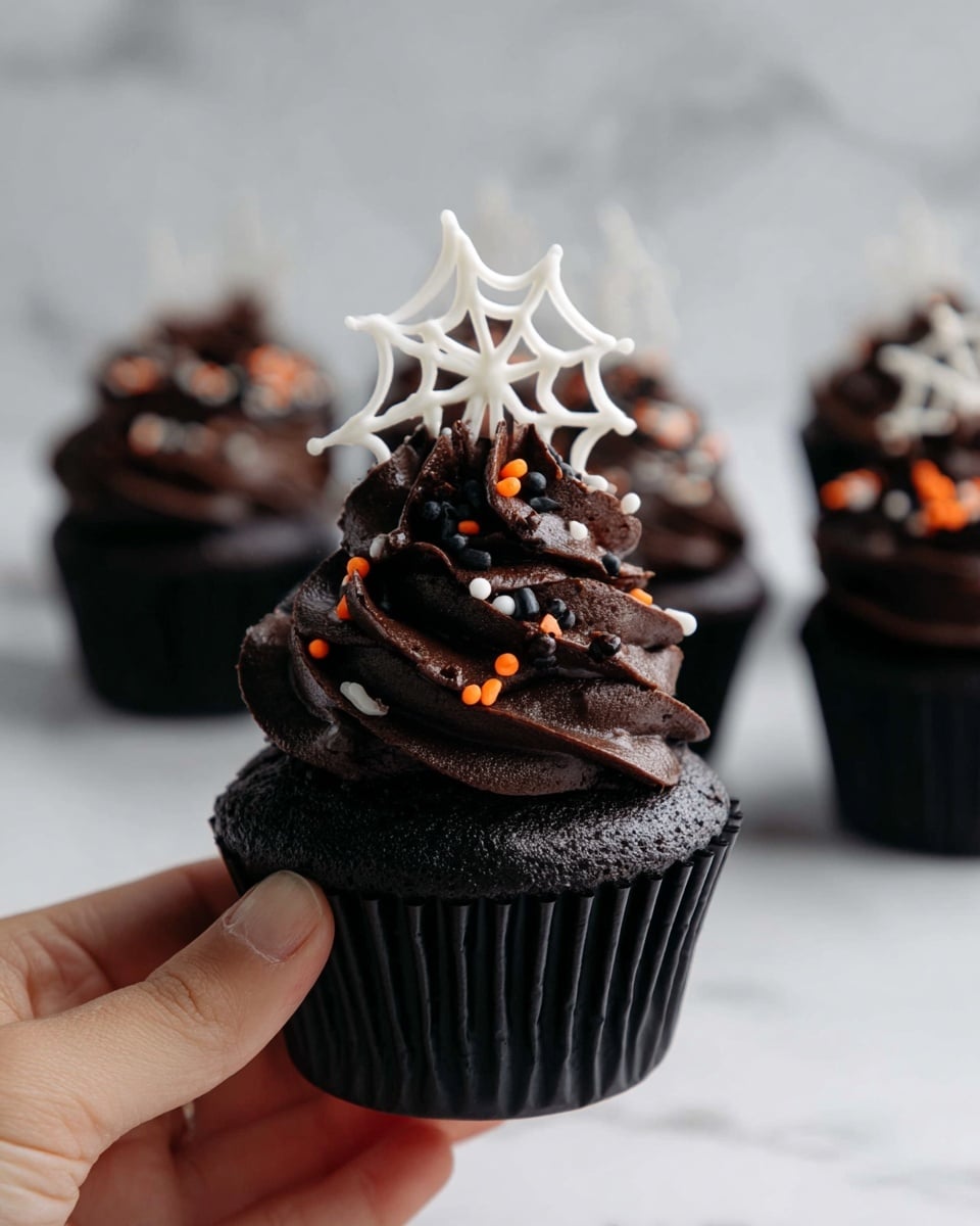 A black cupcake with thick, dark chocolate swirled frosting sits in a black liner, topped with small orange, white, and black sprinkles and a small round white candy. A white chocolate decoration shaped like a spider web is placed on one side of the frosting, adding a festive touch. The cupcake is held by a woman's hand against a white marbled background, with several similar cupcakes blurred out in the distance, creating depth. photo taken with an iphone --ar 4:5 --v 7