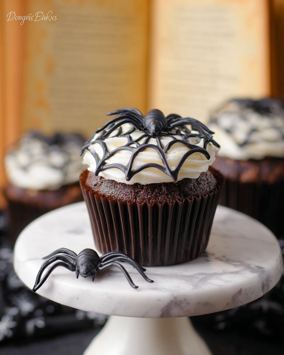 A dark chocolate cupcake with a ridged black paper liner, topped with a thick layer of smooth white cream, followed by a swirl of dark chocolate with white spider web icing on top. A small black plastic spider sits on the frosting, and another spider rests on the edge of a small white plate with a beaded rim, all set on a white marbled surface. The background is blurred with warm yellowish tones suggesting an open book. photo taken with an iphone --ar 4:5 --v 7