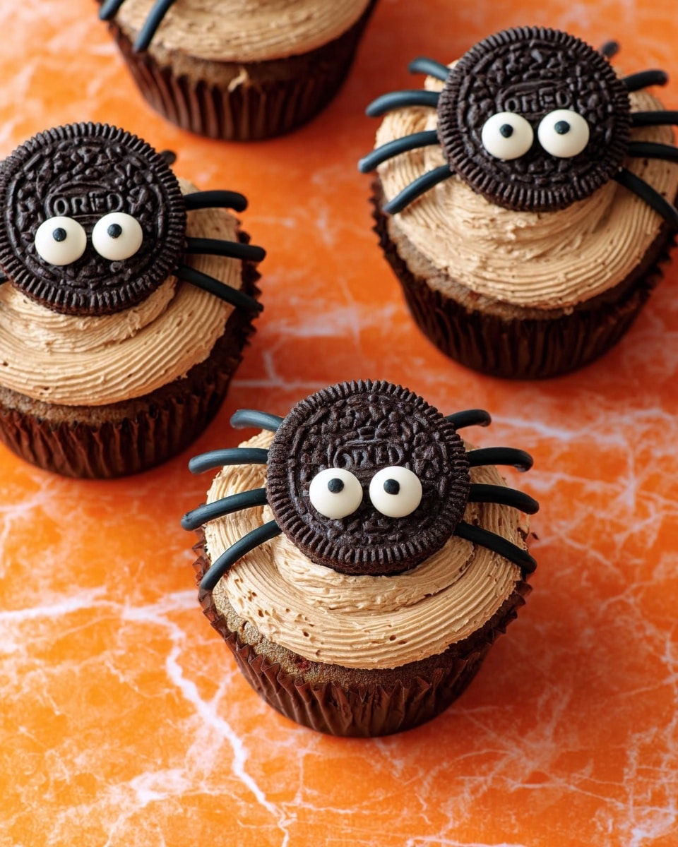 Four cupcakes are topped with a light brown swirled frosting, each decorated with a whole Oreo cookie placed flat on top. The Oreos have two small white candy eyes near the bottom edge, and black icing legs are piped around the cookie to resemble a spider. The cupcakes sit on an orange surface with white marbled texture. photo taken with an iphone --ar 4:5 --v 7