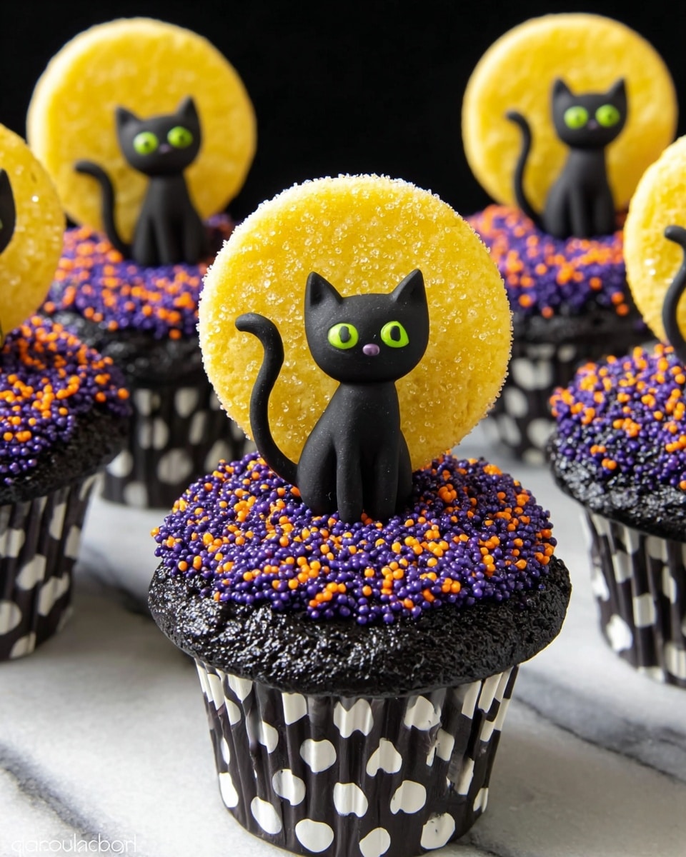 The image shows several cupcakes placed on a white marbled surface. Each cupcake has a black and white polka dot wrapper. The top layer of the cupcake is covered in dark purple sugar sprinkles with a rough texture. On top of this layer, a black plastic cat figure with yellow eyes stands, facing forward with its tail up. Behind the cat, a bright yellow round cookie with a sugar-coated texture stands upright, creating a striking contrast against the dark sprinkles. The cupcakes are arranged in rows with a slight blur in the background, focusing clearly on the front cupcakes. photo taken with an iphone --ar 4:5 --v 7