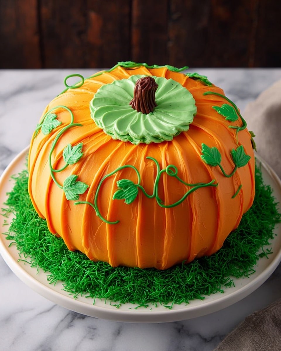 A round cake shaped like a pumpkin sits on a white plate with a ring of bright green shredded coconut around the base. The cake has an orange frosting layer with visible smooth ridges that mimic pumpkin grooves. On top, there is a small green frosted circle in the center representing the pumpkin stem, decorated with green icing vines and leaves curling outward. The plate rests on a wooden table with a folded orange and yellow plaid cloth on the right side. A knife with a wooden handle lies next to the plate on the left. The surface underneath everything is a white marbled texture photo taken with an iphone --ar 4:5 --v 7