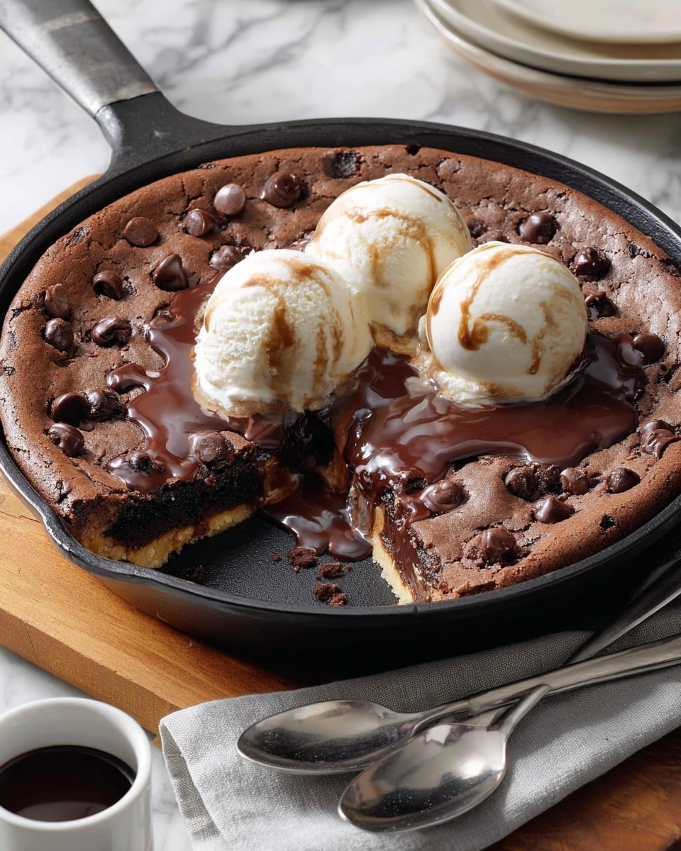 The image shows a cast iron skillet filled with a thick chocolate dessert that has small chocolate chips scattered on top. One slice is removed, revealing a layered cross-section with a light brown layer beneath the chocolate top. Three scoops of white vanilla ice cream sit on top, melting slightly, with some dark chocolate sauce pooling beneath them and over the dessert. The skillet is placed on a wooden board, with two silver spoons resting on a beige cloth nearby, all set on a white marbled surface. Photo taken with an iphone --ar 4:5 --v 7
