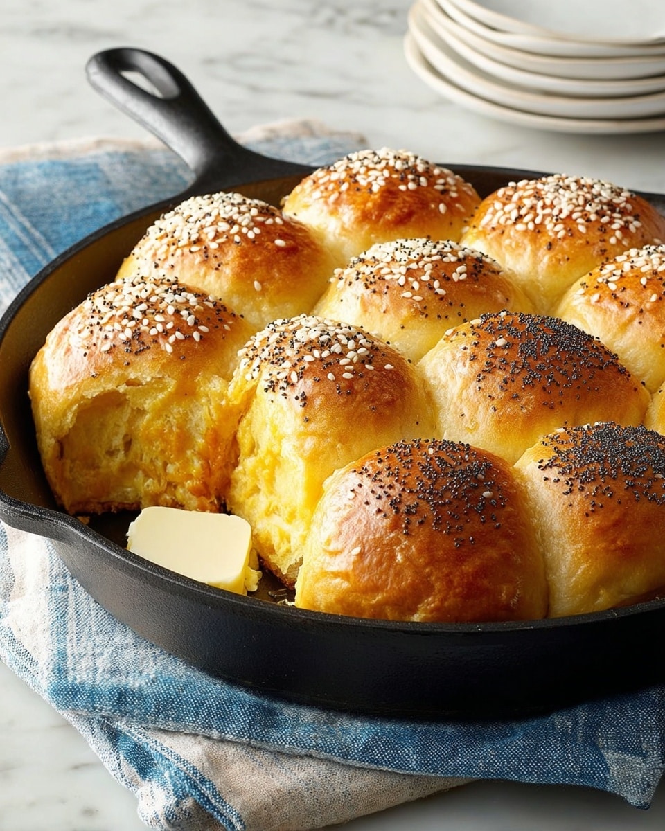 The image shows a cast iron pan filled with 11 golden brown dinner rolls arranged closely together in three layers: the top of the rolls is shiny and sprinkled with white sesame seeds and black poppy seeds, while the sides display a soft texture with some areas slightly darker from baking. One roll near the front left is pulled partially apart showing soft, fluffy yellow interior with a small square of melting butter on top. The pan rests on a blue and white striped cloth over a white marbled surface. A wooden board is seen blurred in the background. Photo taken with an iphone --ar 4:5 --v 7