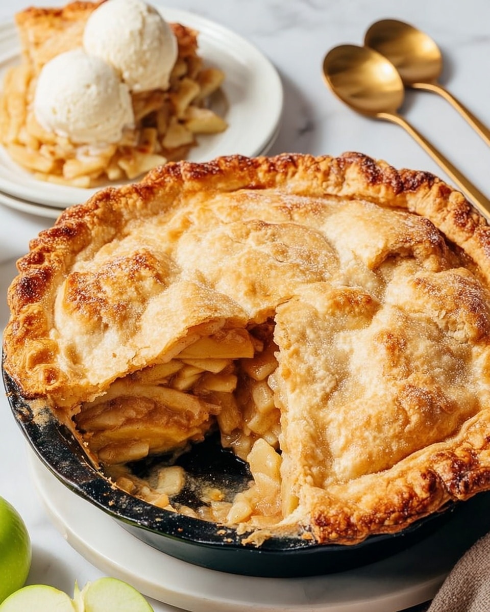 A round pie with a thick, golden brown crust that looks flaky and crisp, showing a rough, uneven texture on the top layer. One slice is removed, revealing two layers inside; the top layer is soft, light brown apple pieces, and the bottom layer is dark, rich filling bubbling at the edges. The pie sits in a black pan on a white plate with golden speckles, all placed on a white marbled surface. In the background, there is a white plate with a serving of the pie topped with a scoop of creamy, off-white ice cream. Nearby, there are three shiny golden spoons and some cinnamon sticks, with green apple slices on the side. photo taken with an iphone --ar 4:5 --v 7