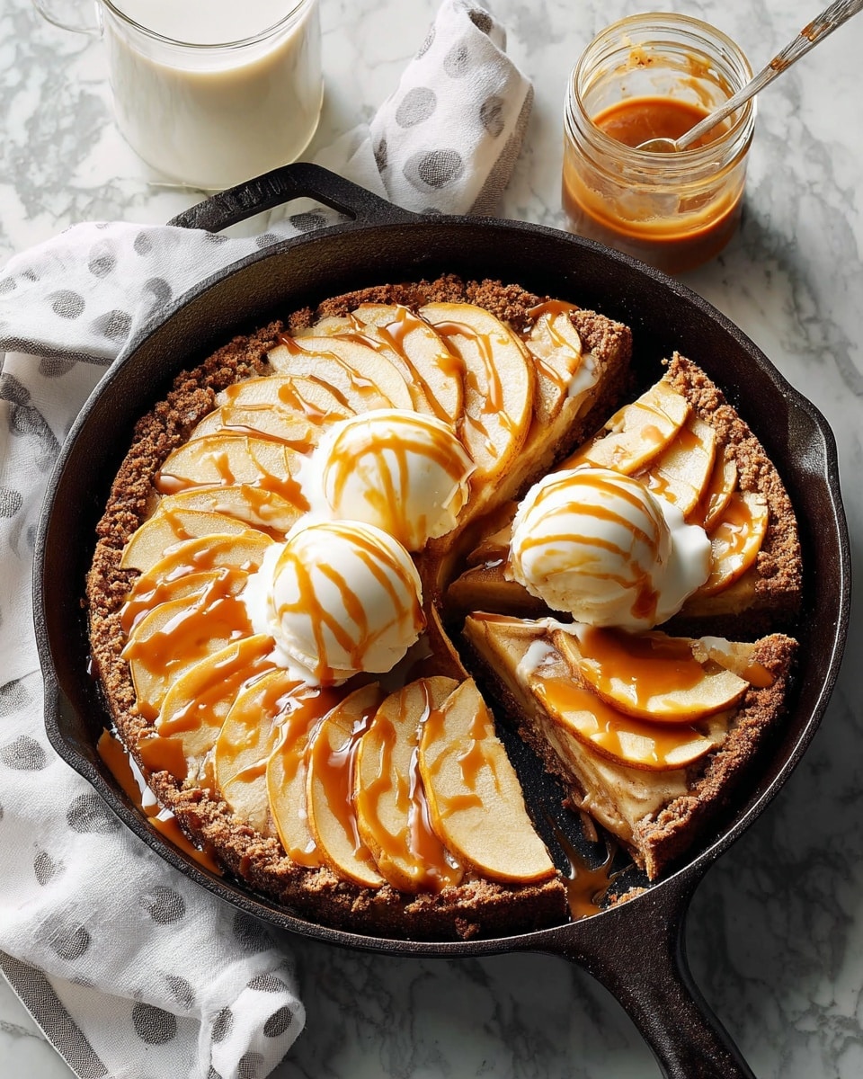 A round dessert in a black cast iron skillet with a white marbled background, featuring three layers: the bottom layer is a crumbly brown crust, the middle layer is a light brown filling, and the top layer is decorated with thin, pale yellow apple slices arranged in overlapping rows all around the pie. Three scoops of white vanilla ice cream sit on one side of the pie, slightly melting with a creamy texture, and the whole pie is drizzled with light brown caramel sauce in thin lines. Two slices are cut and slightly pulled out toward the front. Photo taken with an iphone --ar 4:5 --v 7