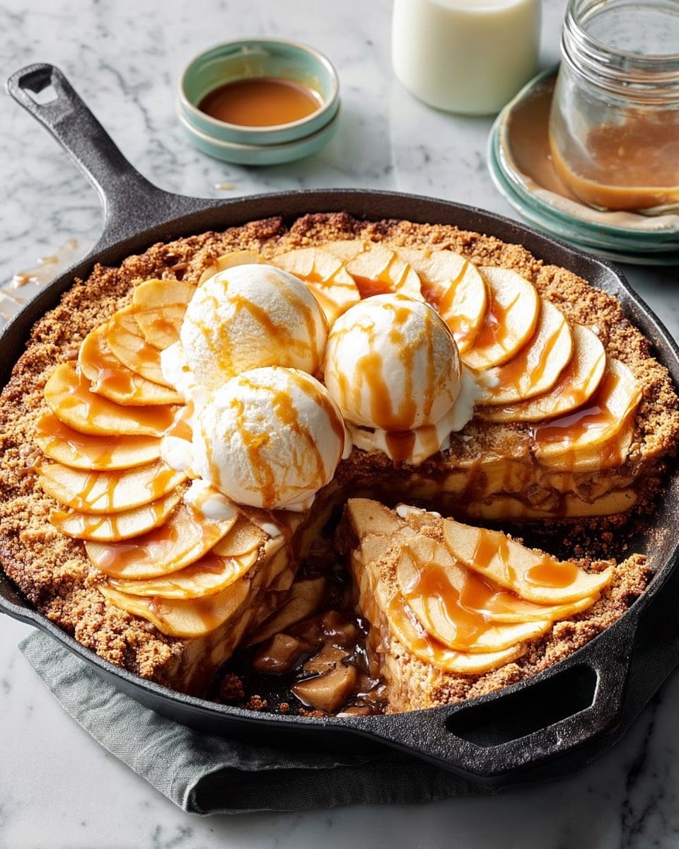 The image shows a round apple tart in a black cast iron skillet with one slice removed, exposing a thick, crumbly brown base. Thin, pale yellow apple slices are layered in a circular pattern on top of the base. Three scoops of white ice cream sit near the center, melting slightly. Light brown caramel sauce is drizzled over the apple slices and ice cream, adding a glossy texture. The skillet is set on a white marbled surface with a white napkin with gray dots and a jar of caramel sauce and a glass of milk nearby. Photo taken with an iphone --ar 4:5 --v 7