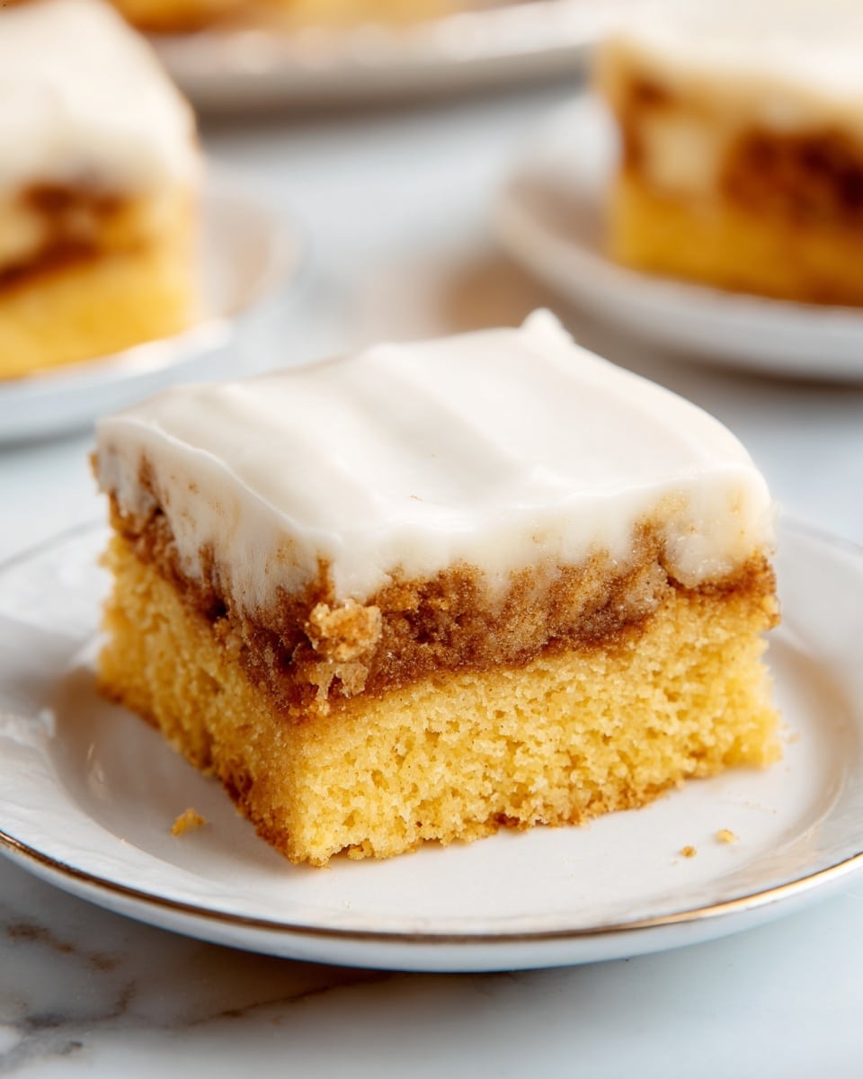 The image shows a square piece of cinnamon cake on a white plate with black trim, set on a white marbled surface with a blue cloth nearby. The cake has three clear layers: a bottom layer of light, soft cake, a middle layer of gooey cinnamon and sugar filling with a darker brown, crumbly texture, and a thick top layer of smooth, white icing that slightly drips down the edges. A woman's hand is holding a fork with a bite-sized piece of cake, showing the layers inside, focusing mainly on the cinnamon filling. In the background, there are two more pieces of the same cake on white plates. Photo taken with an iphone --ar 4:5 --v 7