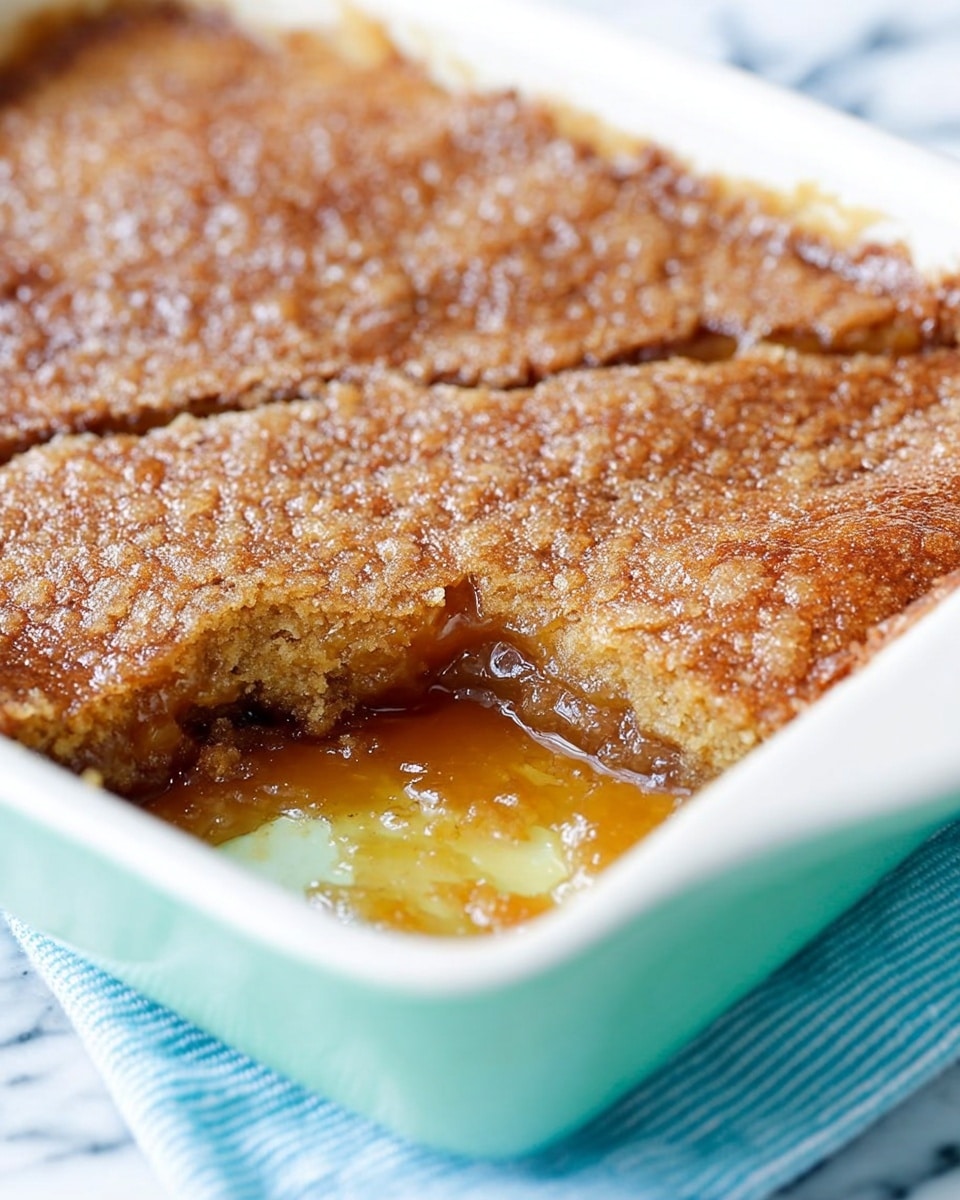 The image shows a close-up of a baked dessert with a golden-brown crust that looks crackly and slightly uneven in texture. A portion is missing from the dish, revealing a thick, sticky, amber-colored filling underneath the crust. The dessert is in a white dish with rounded edges, placed on a white marbled surface with a striped blue cloth partially visible underneath. The overall look is warm and homemade, with a focus on the rich filling and textured top layer photo taken with an iphone --ar 4:5 --v 7