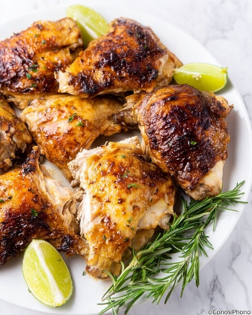 A white plate holds several large pieces of roasted chicken with a golden brown, crispy skin that shines under the light. The chicken pieces vary in size and texture, some with a smooth, slightly charred surface, others showing juicy, tender white meat inside. Bright green lime wedges are placed around the chicken, adding a pop of color, while a sprig of fresh rosemary lies to one side, its dark green needle-like leaves contrasting with the warm tones of the chicken. The plate is set on a white marbled surface, enhancing the dish’s fresh and clean presentation. photo taken with an iphone --ar 4:5 --v 7