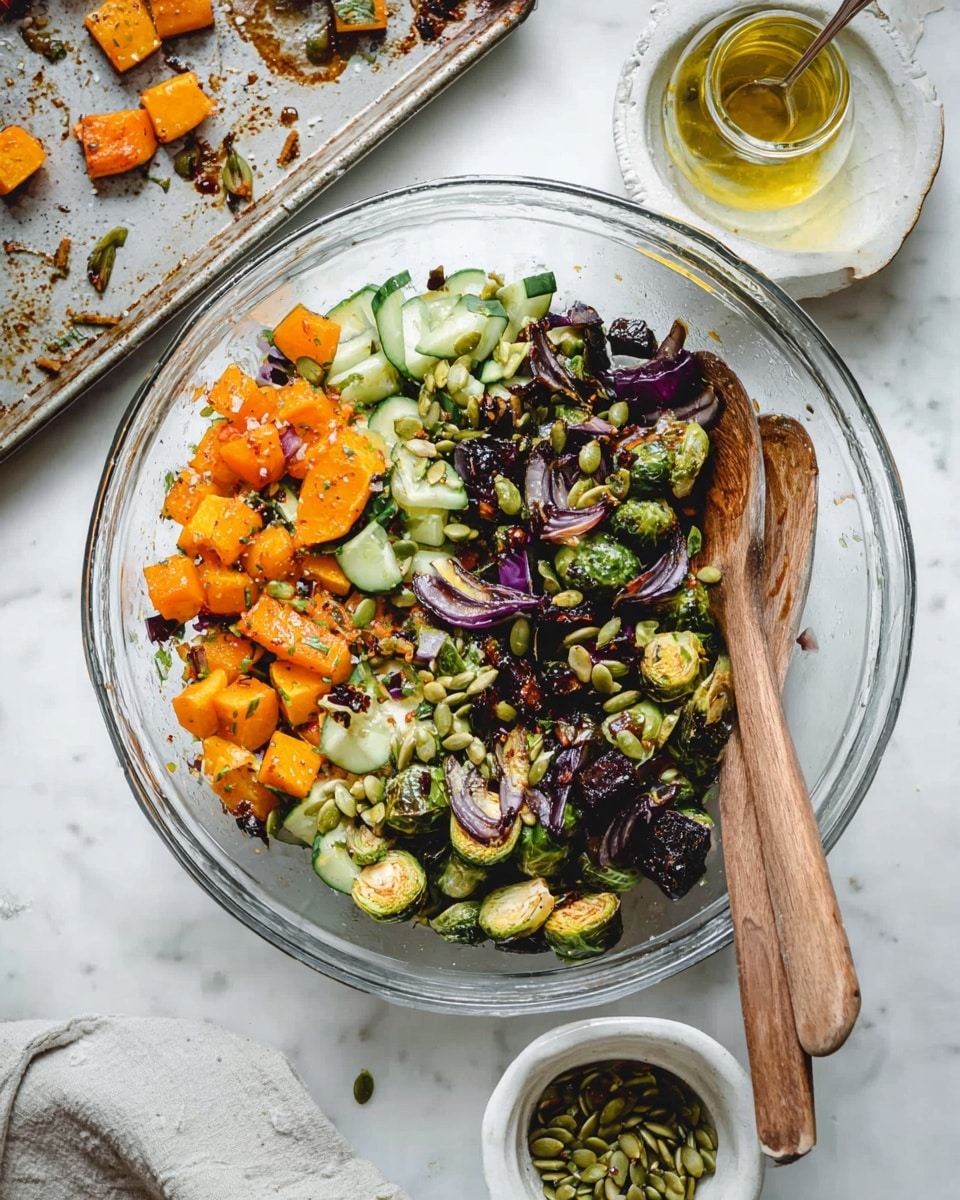 The image shows a close-up of a white bowl filled with a colorful mix of roasted vegetables and quinoa. There are three main visible layers: the bottom layer is made of small, textured black quinoa seeds; on top of it, large chunks of orange roasted sweet potatoes and roasted green Brussels sprouts are scattered. Mixed with them are slices of purple-red onions and green spinach leaves. Scattered pumpkin seeds add a shiny light green touch on top. Two silver forks with detailed handles rest on the right side inside the bowl. The bowl sits on a white marbled surface with a beige cloth nearby. photo taken with an iphone --ar 4:5 --v 7