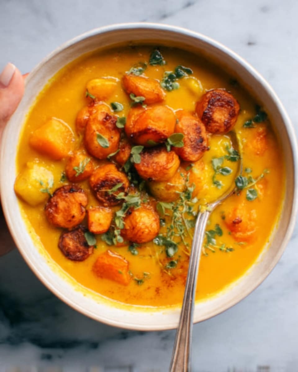A white bowl filled with a rich, creamy orange curry featuring chunks of tender chicken and soft potatoes. The dish is topped with fresh green cilantro leaves scattered evenly. A silver spoon rests inside the bowl, with a woman's hand gently holding the handle from the left side. The background is a white marbled texture, enhancing the warm colors of the curry. Photo taken with an iphone --ar 4:5 --v 7