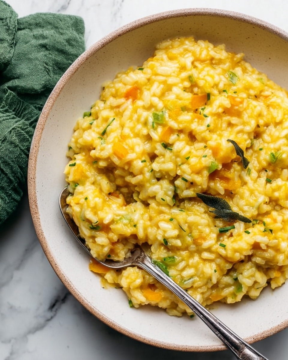 A white bowl filled with creamy yellow risotto that has visible grains of rice and small pieces of herbs or greens mixed in. The risotto looks thick and smooth with a glossy texture. There is a metal spoon partially submerged in the risotto, showing some black pepper sprinkled on top. The bowl sits on a white marbled surface with a folded green cloth napkin beside it. Photo taken with an iphone --ar 4:5 --v 7