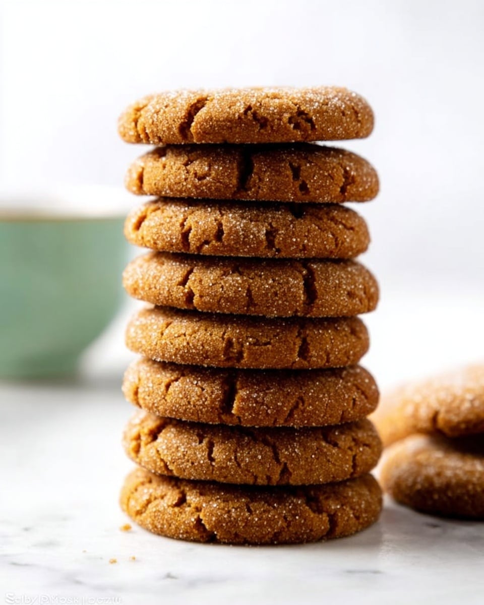 A tall stack of nine round, golden-brown cookies with a slightly cracked surface is shown standing directly on a white marbled surface. The cookies have a textured, crumbly look and their edges are slightly crisp. In the background, there is a blurry green cup to the left and a hint of a red object on the far left side, all set against a bright white background. photo taken with an iphone --ar 4:5 --v 7