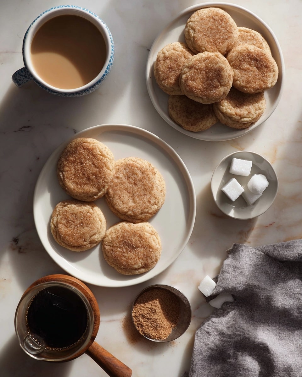 Several round, golden-brown cookies with a slightly cracked, sugar-coated surface are placed on two white plates with subtle purple and brown patterns. One cookie rests alone on the white marbled surface between the plates. Next to the plates, there are two cups filled with light brown coffee. At the bottom left, a clear glass coffee maker with a paper filter containing used coffee grounds is visible. A small white bowl contains two small white sugar cubes or candies near the bottom center, partially covered by a crumpled light gray cloth. The soft lighting creates gentle shadows, giving the scene a cozy, relaxed feeling. Photo taken with an iphone --ar 4:5 --v 7
