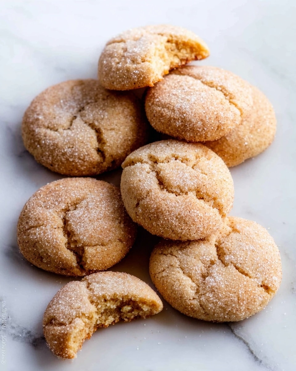 The image shows nine round cookies with a light brown color and cracked tops, each dusted with a layer of sugar. One cookie is broken into two pieces, revealing a soft, slightly crumbly texture inside. The cookies are scattered on a white marbled surface with some space between each one, making the arrangement look casual and natural. photo taken with an iphone --ar 4:5 --v 7