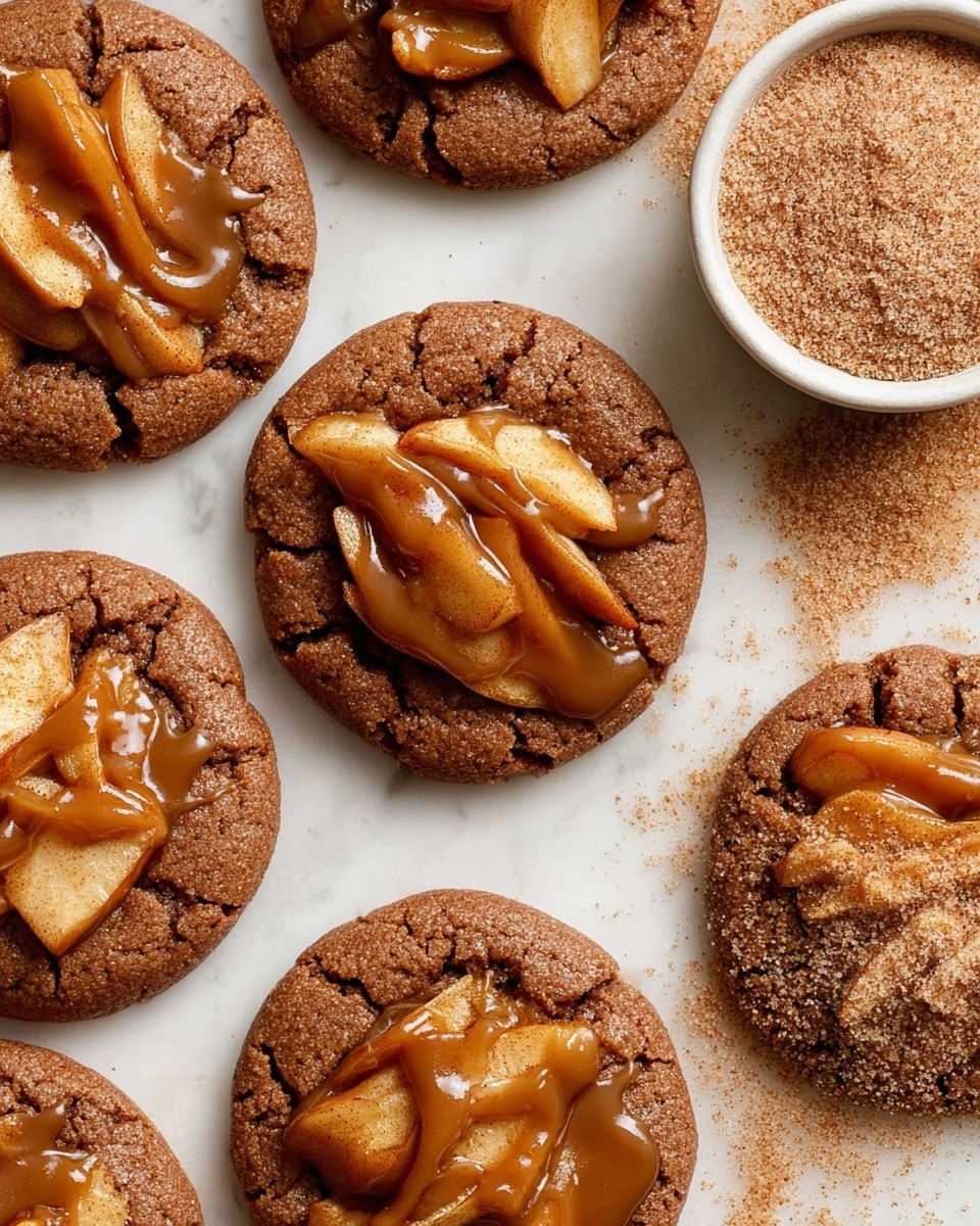 The image shows several round cookies on a white marbled surface. Each cookie has a cracked, rough brown base topped with soft baked apple slices that are golden brown and slightly caramelized. A shiny, sticky caramel sauce is drizzled over the apples and cookie base, adding a glossy amber color and rich texture. The cookies are spread out evenly with a small white shallow bowl filled with a cinnamon sugar mixture next to them. The light is soft and natural, highlighting the different textures and colors of the cookies and toppings. photo taken with an iphone --ar 4:5 --v 7