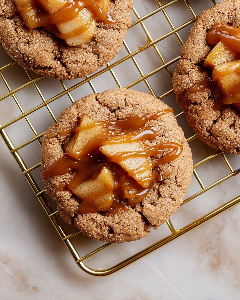 The image shows two round brown cookies with cracked tops placed on a gold wire cooling rack. Each cookie has a topping of thinly sliced cooked apples that are caramelized and soft, arranged in a small cluster at the center. A shiny amber caramel sauce is drizzled over the apples and cookie surfaces, giving a glossy texture and highlighting the warmth of the dessert. The background is a white marbled texture that contrasts gently with the warm tones of the cookies and sauce. photo taken with an iphone --ar 4:5 --v 7