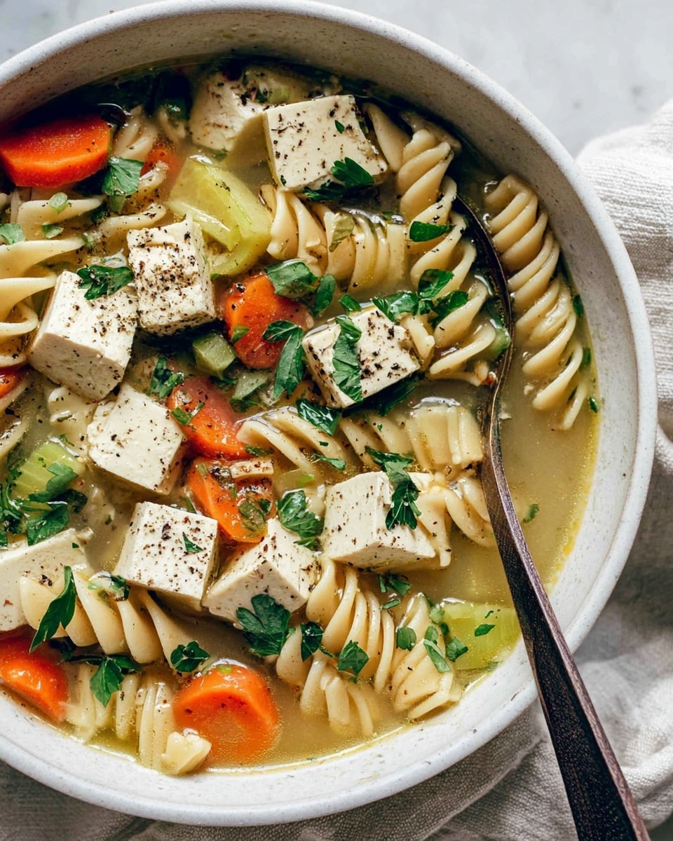A white bowl filled with a light broth soup featuring three visible layers: at the bottom, light tan spiral pasta pieces; in the middle, large white tofu cubes speckled with black pepper; and on top, bright orange carrot chunks, pale green celery slices, and chopped fresh green herbs scattered across. A silver spoon rests on the right side inside the bowl. The bowl is placed on a white textured cloth over a white marbled surface. photo taken with an iphone --ar 4:5 --v 7