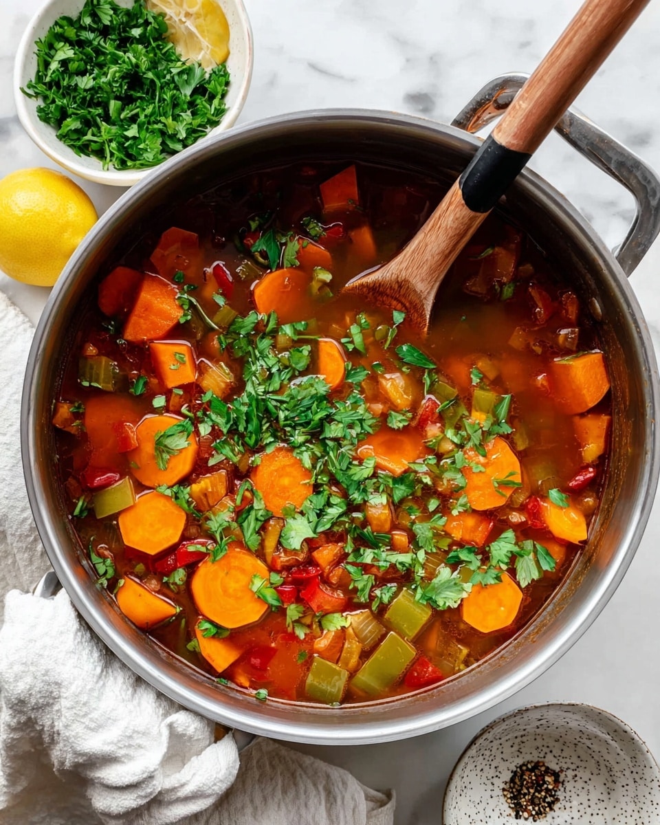 The image shows a close-up of a white pot filled with thick vegetable soup. There are three main layers of ingredients visible: the top layer has small green herbs floating on the surface, the middle layer shows chunks of orange carrot slices, light orange sweet potato pieces, and translucent onion chunks, and the bottom layer has small brown lentils mixed with diced red bell peppers and bits of mushroom. The soup liquid is a rich red-orange color, and a black ladle scoops a portion from the pot, holding a mixture of lentils, carrot slices, sweet potatoes, onion chunks, and bell peppers. The background has a white marbled texture, and a green circle with the number 12 is in the top left corner. Photo taken with an iphone --ar 4:5 --v 7