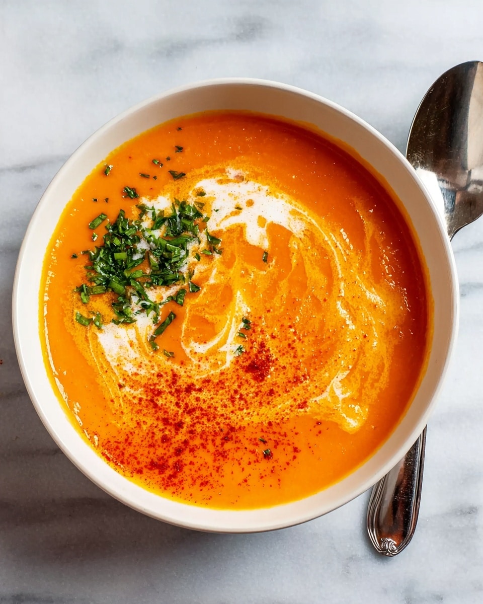 A round white bowl holds a thick orange soup with a smooth texture filling most of the bowl. On top, there is a swirl of white cream forming a loose spiral shape, and a sprinkling of finely chopped green herbs is placed near the upper left side. Bright red powder, likely a spice, is dusted around the cream swirl on the left half of the soup. A silver spoon rests beside the bowl on a white marbled surface. photo taken with an iphone --ar 4:5 --v 7