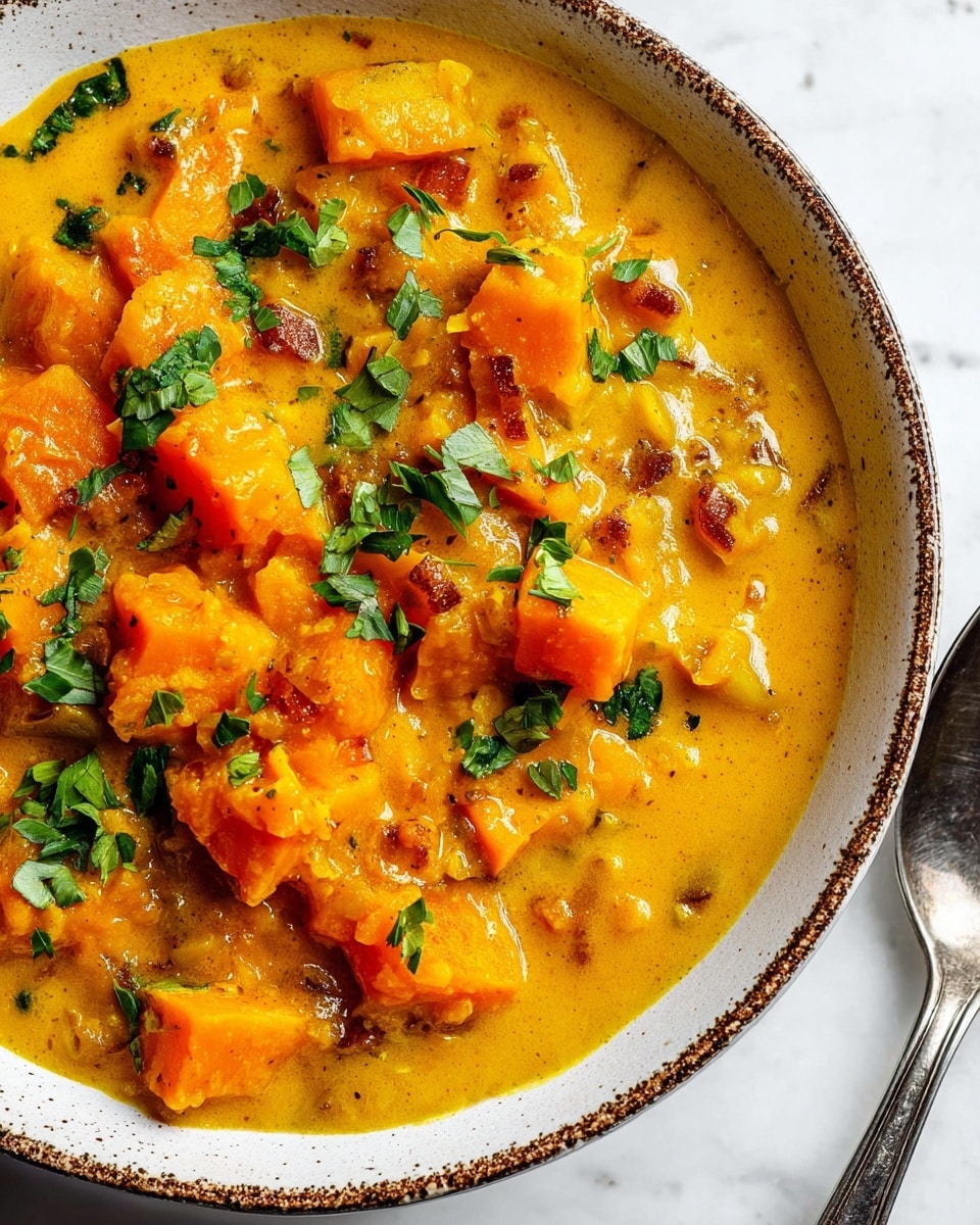 A close-up view of a bowl filled with thick, golden-orange stew containing soft, chunky pieces of sweet potato and small bits of browned meat. The stew has a smooth, creamy texture with visible spices and small chunks of onion mixed in. On top, there are fresh green herbs sprinkled, adding a touch of color contrast. The white bowl has a simple brown rim and sits on a white marbled surface. A spoon with a dark, worn handle lies next to the bowl, and part of a woman's hand with green leaves is seen in the top corner. Photo taken with an iphone --ar 4:5 --v 7