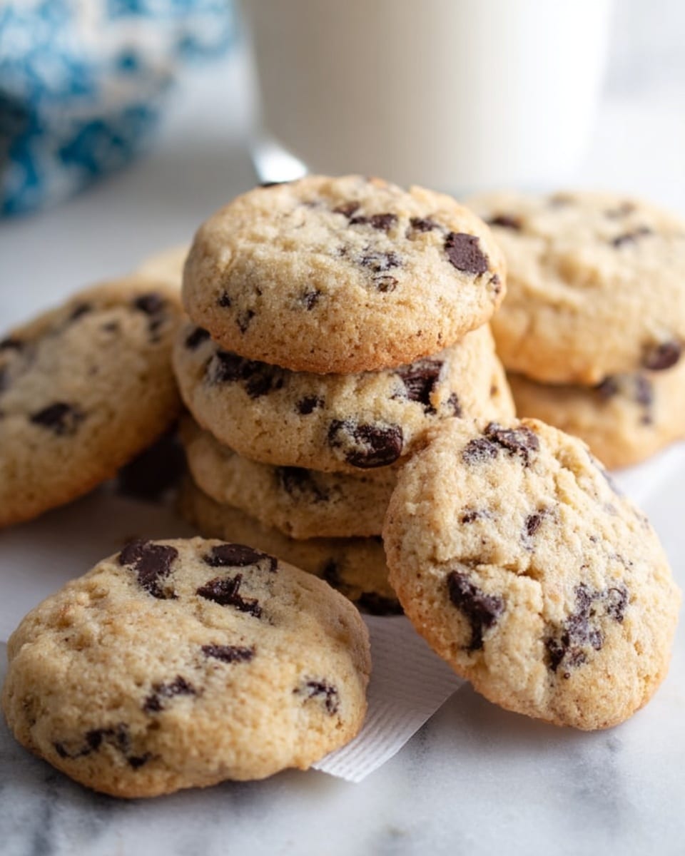 A close-up view of several round cookies resting on a white marbled surface, each cookie light beige in color with small dark chocolate chips scattered throughout. The cookies have a slightly cracked texture on top, showing a soft and crumbly surface. One cookie is in the center, with a few others slightly blurred in the background, emphasizing the texture and chocolate chip distribution. Small pieces of chocolate chips lay beside the cookies on the surface. photo taken with an iphone --ar 4:5 --v 7