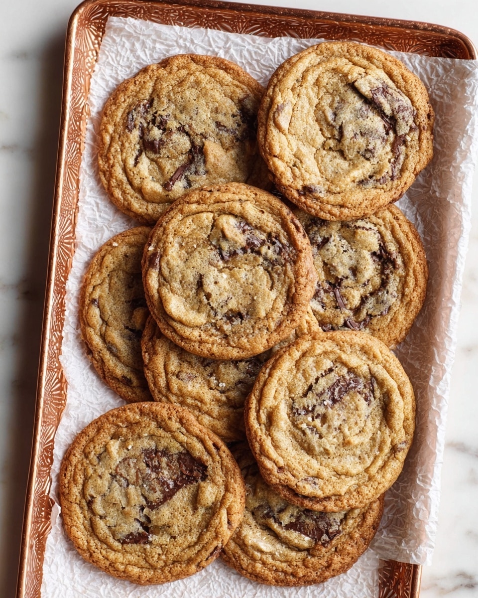 The image shows seven freshly baked chocolate chip cookies resting on white crinkled parchment paper. Each cookie has a golden-brown color with slightly darker edges, and a soft, slightly wrinkled texture on top. Several cookies display melted dark chocolate chunks embedded in their surface, creating irregular dark spots. The cookies are arranged in a loose group, some slightly overlapping each other, all placed on a tray with an off-white hue. The background has a white marbled texture, adding a clean and bright contrast to the warm tones of the cookies. Photo taken with an iphone --ar 4:5 --v 7
