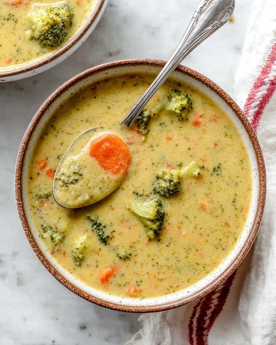 The image shows a light brown creamy soup filled with small chunks of orange carrot slices and green broccoli pieces mixed evenly throughout. The soup has a thick texture and is served in a round white bowl with a speckled brown rim, placed on a white marbled surface. A silver spoon rests inside the bowl, lifting some soup with visible carrot and broccoli pieces. In the background, another bowl of the same soup is partially visible along with a white cloth with red stripes on the right side. photo taken with an iphone --ar 4:5 --v 7
