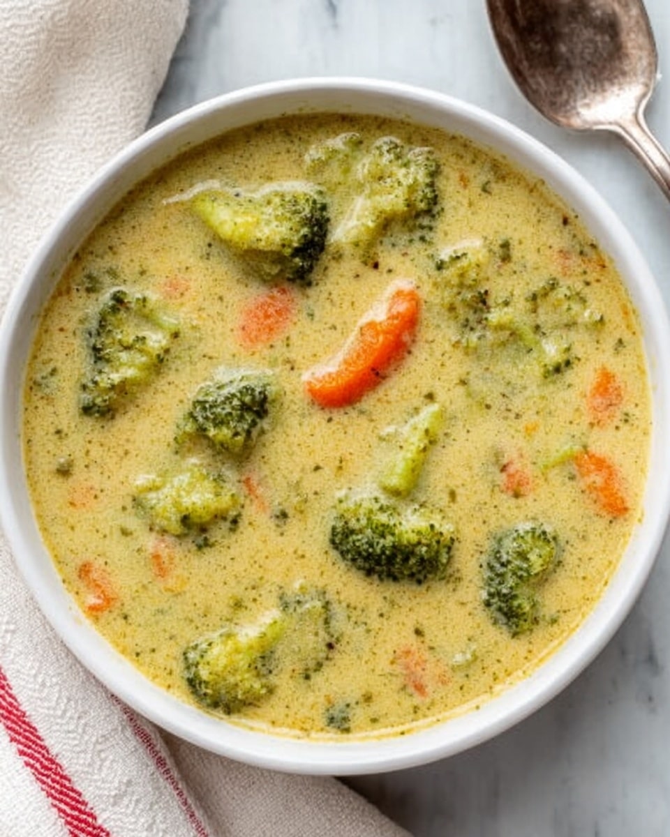 A white bowl filled with creamy broccoli and cheese soup, showing chunks of bright green broccoli and small round orange carrot slices. The soup has a thick, smooth texture with a light yellow-green color mixed with bits of herbs. The bowl sits on a white marbled surface next to a spoon and a white cloth with red stripes. Photo taken with an iphone --ar 4:5 --v 7