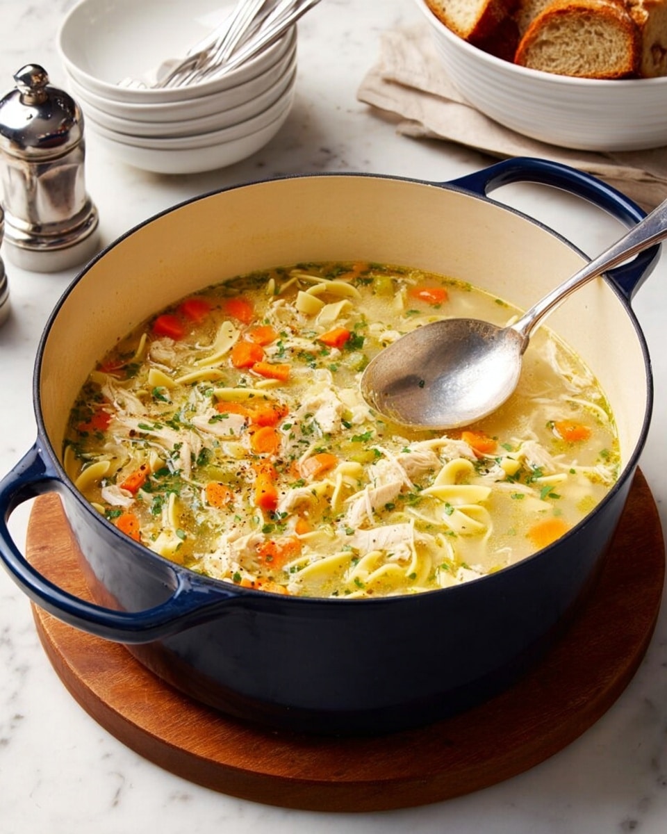 A large white pot filled with a thick soup showing layers of bright orange carrot chunks, light yellow noodles, and pale pieces of chicken mixed in a creamy broth with small green parsley bits. A silver spoon rests inside the pot, slightly lifting the soup. The pot sits on a round wooden board placed on a white marbled surface. To the back right, there is a basket with fresh-looking slices of bread. Photo taken with an iphone --ar 4:5 --v 7