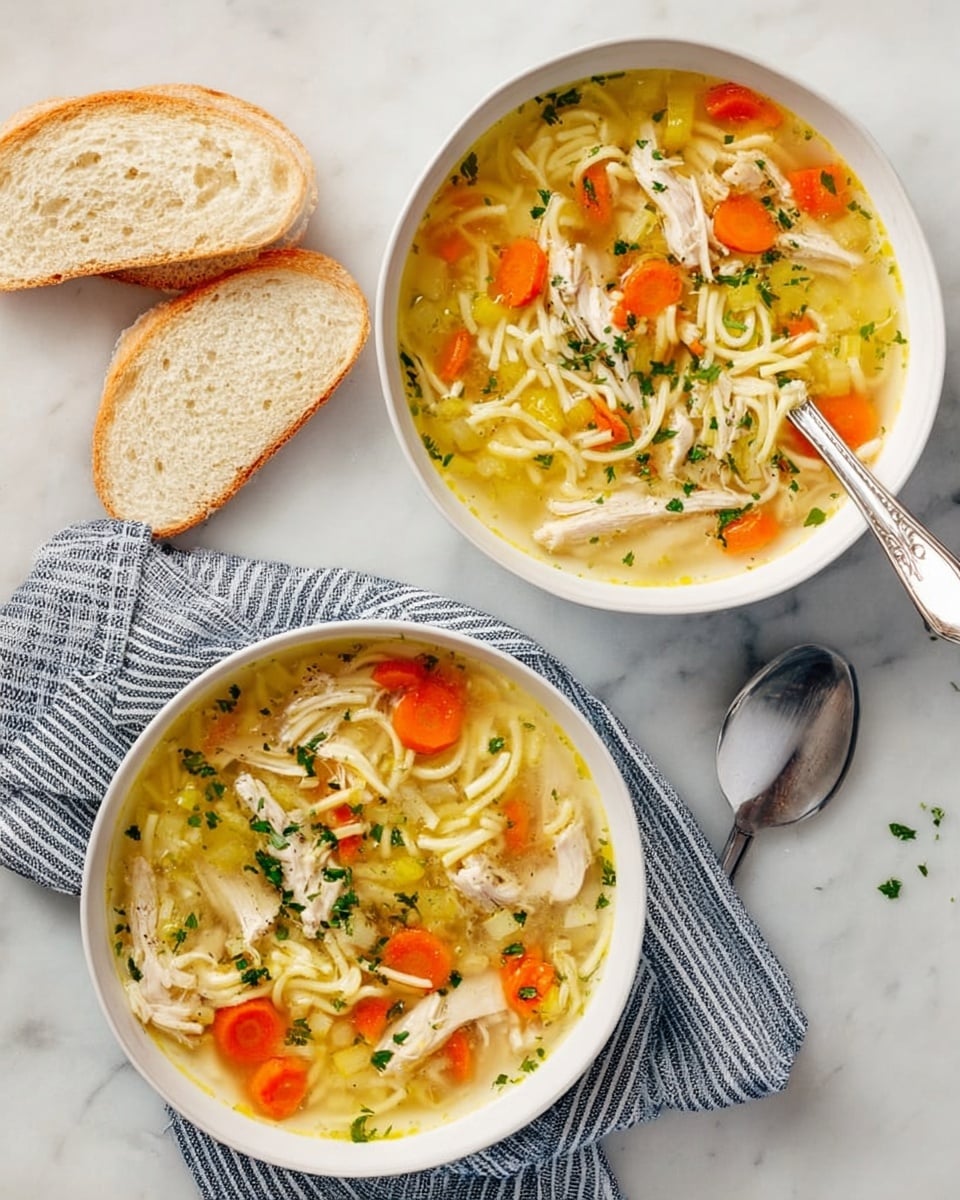 Two white bowls filled with chicken noodle soup sit on a white marbled surface. Each bowl has a yellow broth with visible chunks of shredded chicken on top, orange carrot slices, and thin yellow noodles spread throughout. One bowl rests on a folded, striped cloth napkin, while the other has a spoon inside it. Near the bowls, there are two thick slices of white bread with a soft texture. The scene includes a salt and pepper shaker placed between the bowls. The photo taken with an iphone --ar 4:5 --v 7