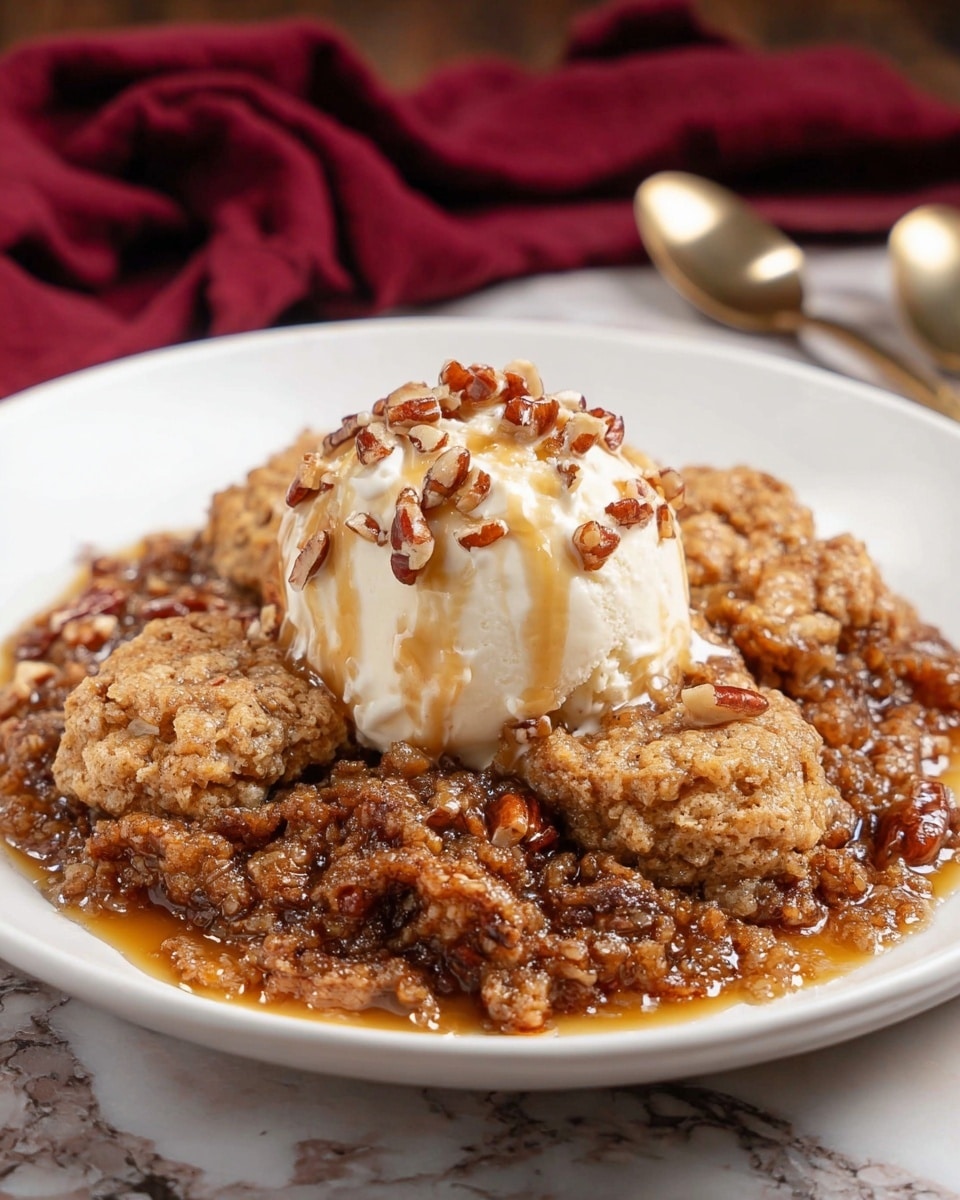 A white baking dish holds a pecan cobbler with a layer of brown, syrupy pecans and nuts at the bottom, topped with ten round, golden-brown biscuit-like dumplings arranged close together, with one section missing to show the sticky nut filling underneath. Next to the dish is a clear glass bowl filled with many whole pecans. The scene sits on a wooden surface with a red cloth partially under the dish. Photo taken with an iphone --ar 4:5 --v 7
