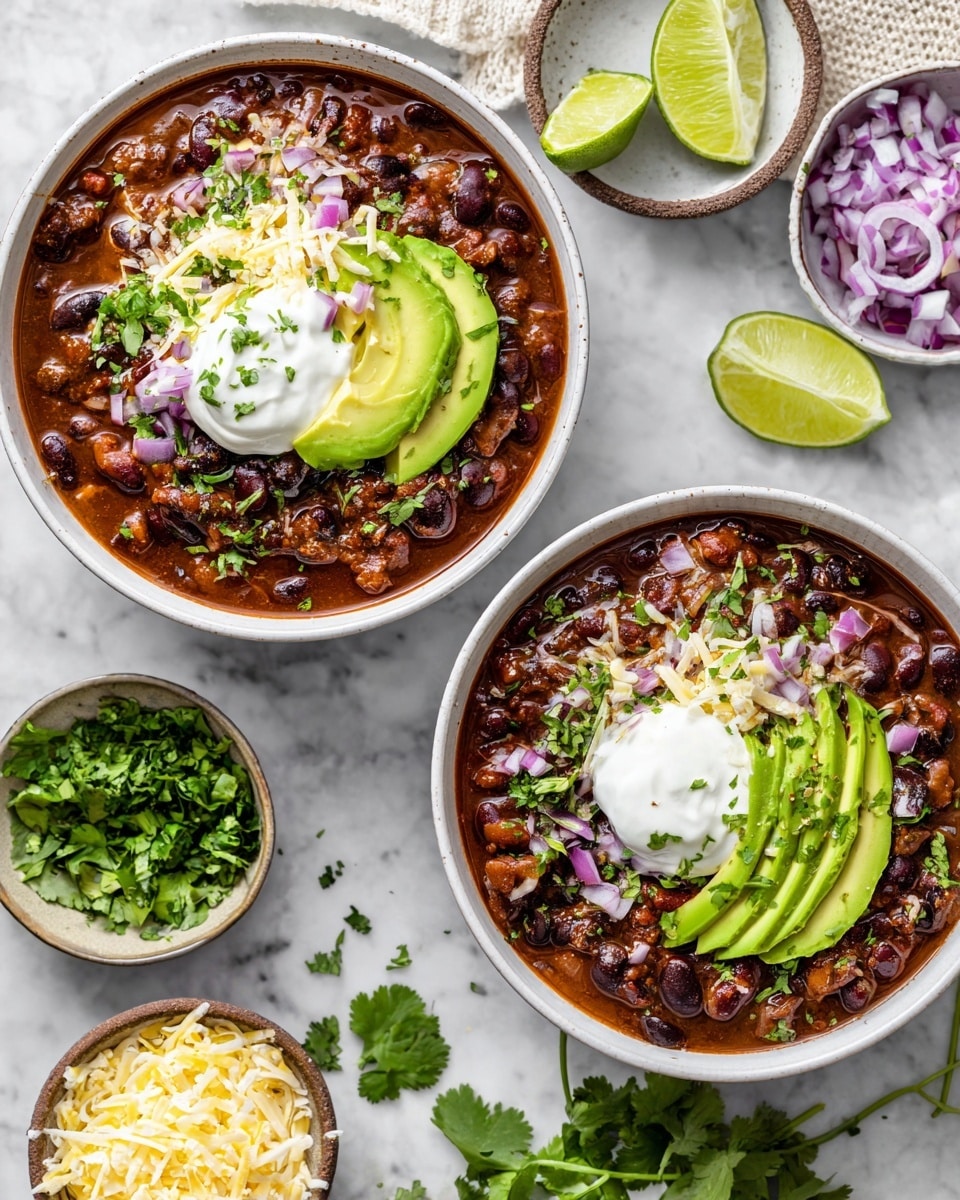 Two white bowls filled with chili made of dark beans, chunks of meat, and small pieces of vegetables in a rich reddish-brown sauce. Each bowl is topped with a dollop of white sour cream near the center, with fresh green cilantro sprinkled over it. One bowl has two slices of light green avocado and shredded pale yellow cheese on the right side, along with tiny diced purple onions mixed on top. The other bowl has two slices of avocado and diced onions near the center. Around the bowls, there are small white bowls with chopped green cilantro, shredded cheese, and diced purple onions placed on a white marbled surface. Fresh lime wedges and scattered cilantro leaves complete the scene. photo taken with an iphone --ar 4:5 --v 7