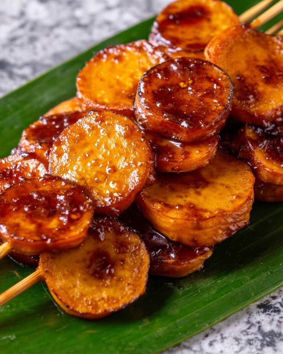 The image shows several round slices of sweet potato, golden orange in color with a shiny, thick dark brown sauce generously spread on top. The slices are stacked closely on a white plate with a green leaf underneath them, and a wooden skewer goes through some pieces, holding them together. The background has a white marbled texture visible around the edges of the plate. Photo taken with an iphone --ar 4:5 --v 7